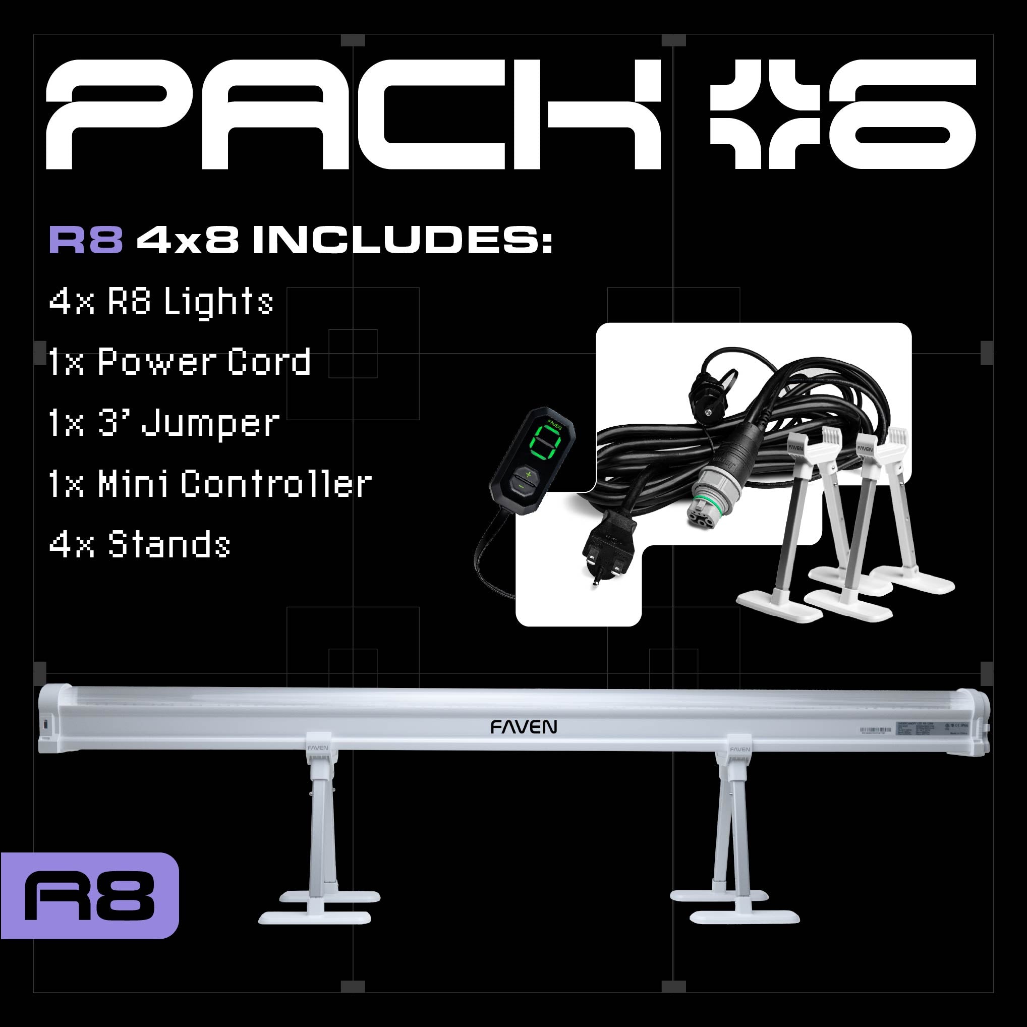 A graphic for the Faven Lighting R8 Stater pack that features a photo of the light and a photo of the accessories under the title Pack 6 next to a bullet pointed spec list.