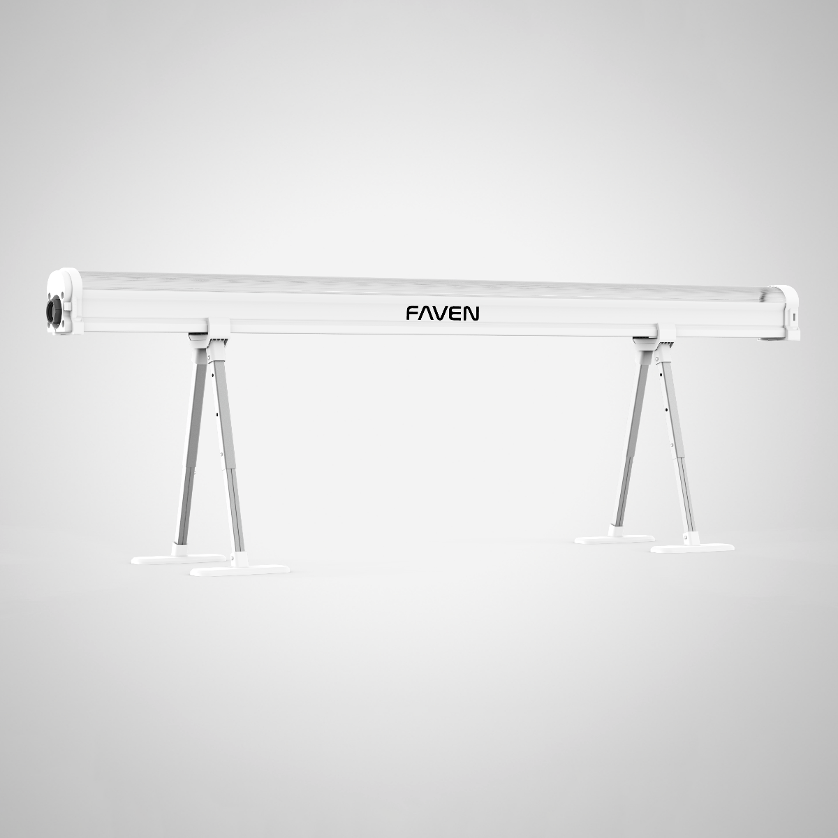 A Faven under canopy light attached to two adjustable light stands in front of a white background.