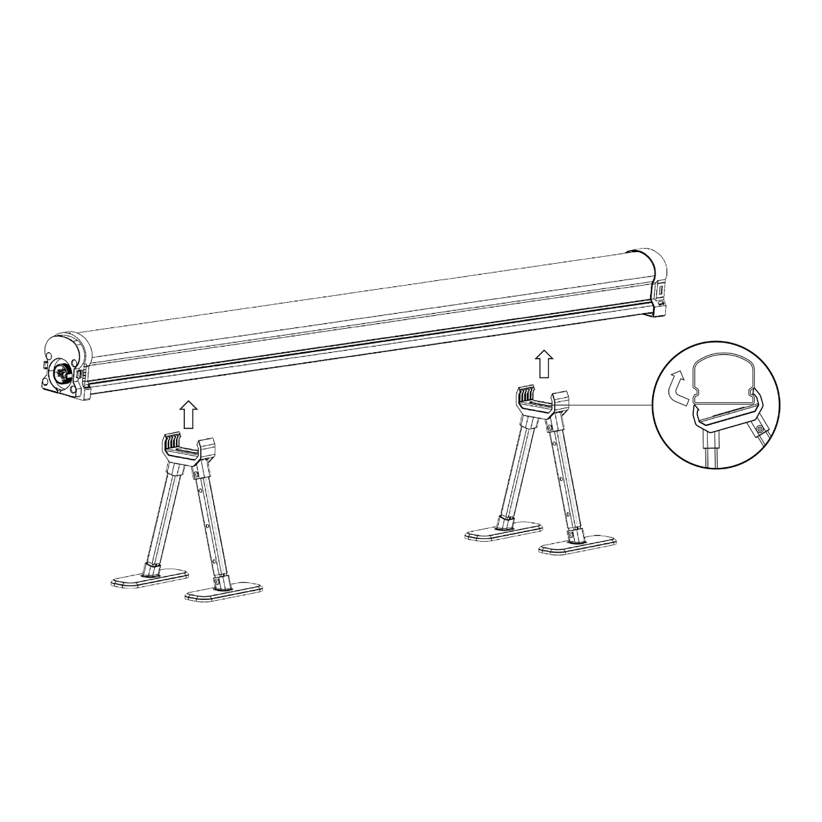 A technical illustration showing how Faven's under canopy lights attach to their adjustable stands.