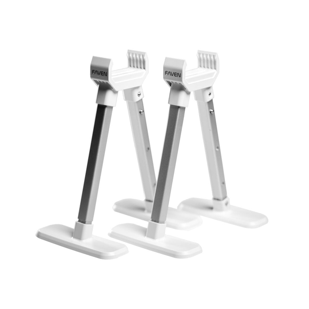 Two Faven adjustable under canopy lighting stands in front of a white background.