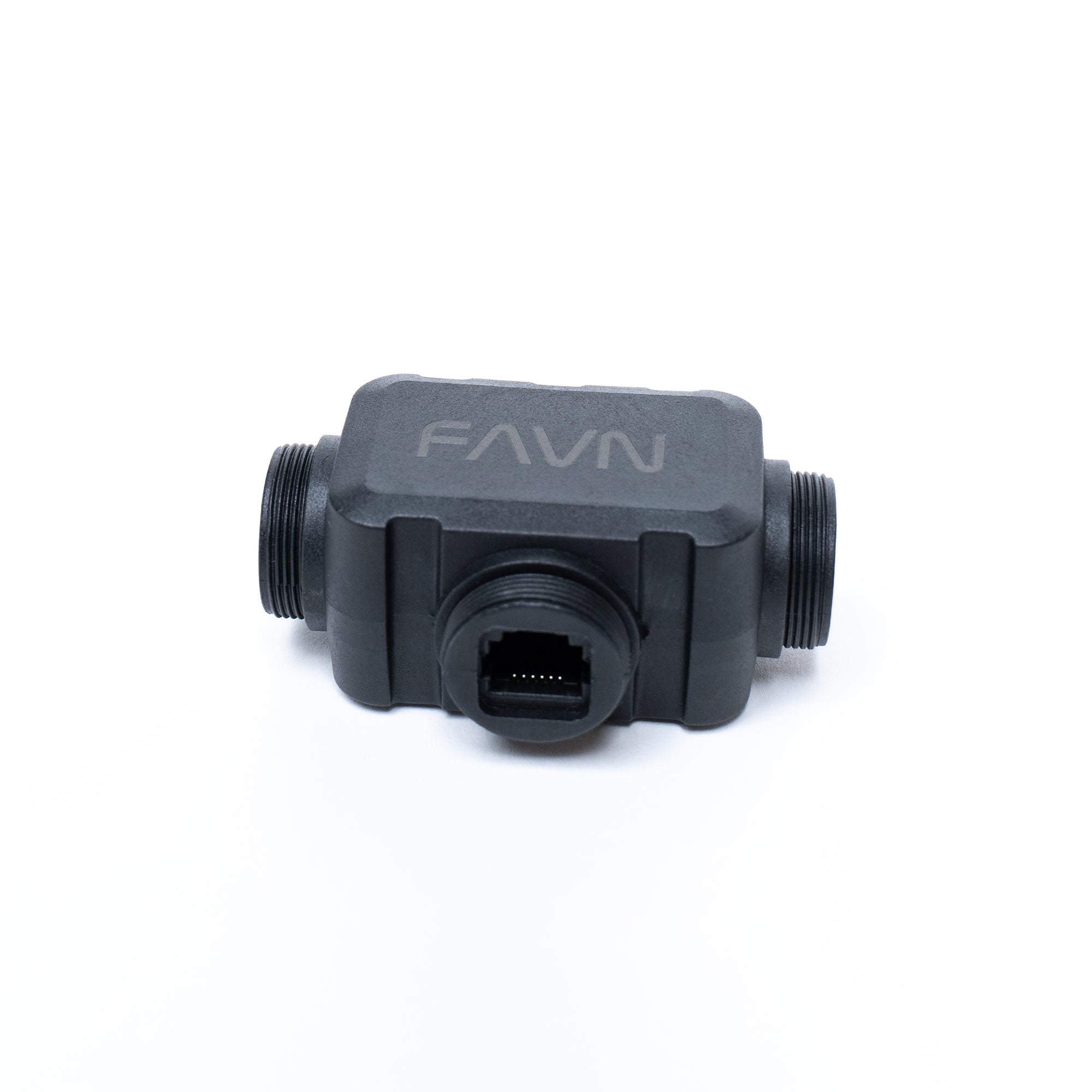 A Faven branded water tight t-splitter shown her with the logo facing up on a white background with a minimal drop shadow.