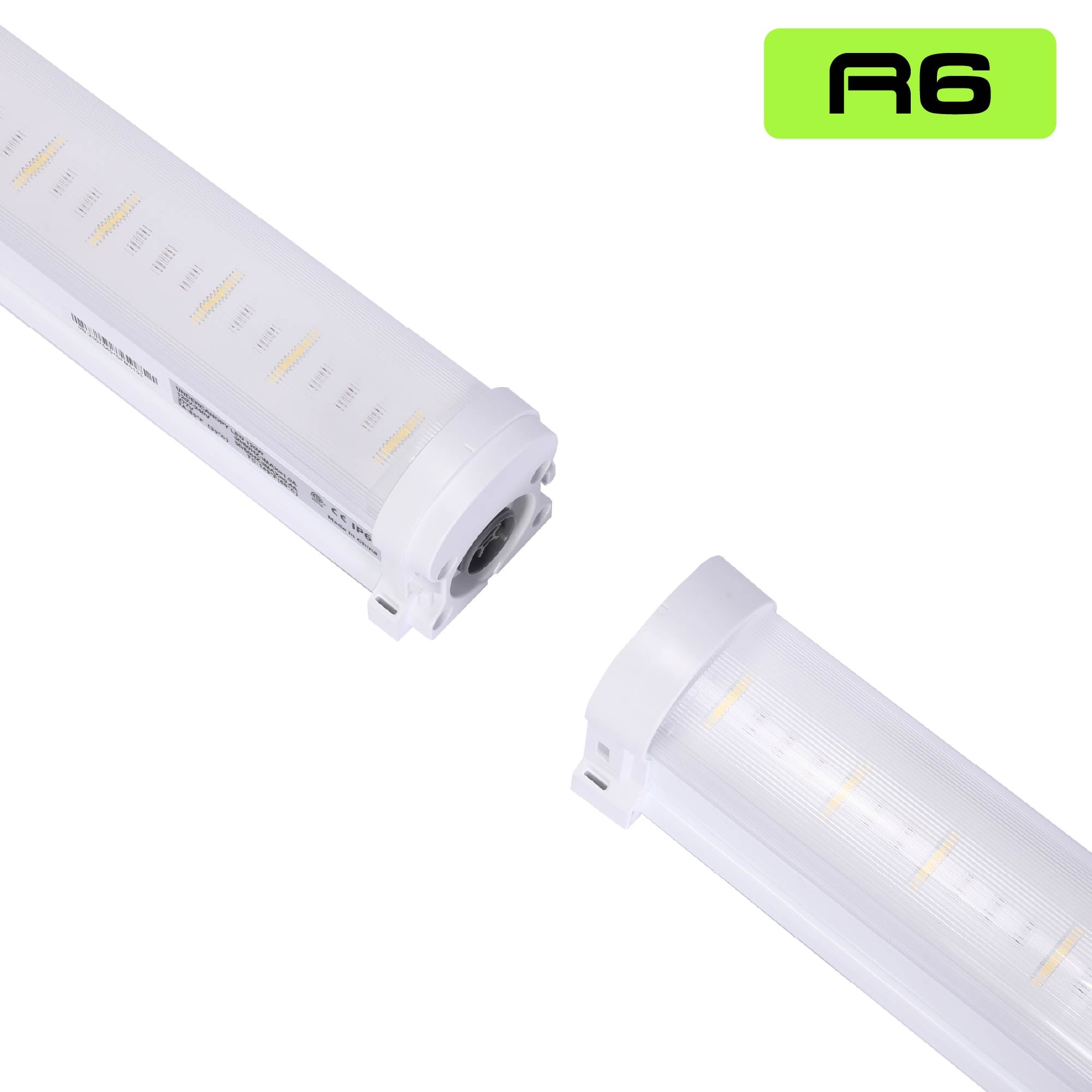An overhead view of two Faven R6 LED under canopy lights on a white background with a green R6 logo in the top right-hand corner.