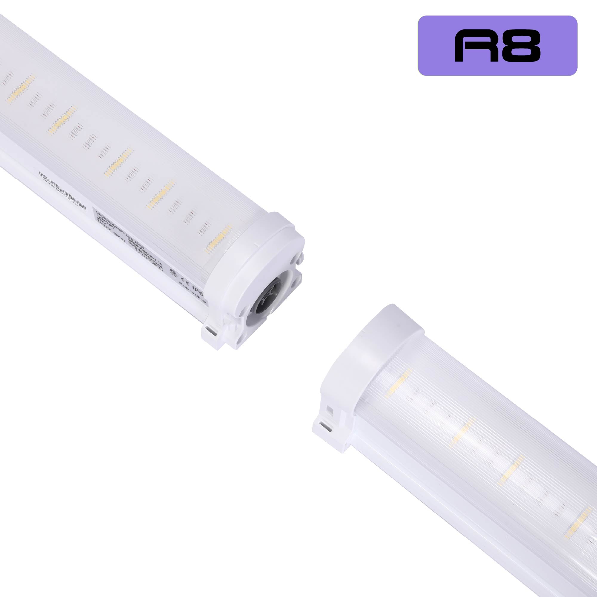 An overhead view of two Faven R8 LED under canopy lights on a white background with an R8 logo in the top riht-hand corner.