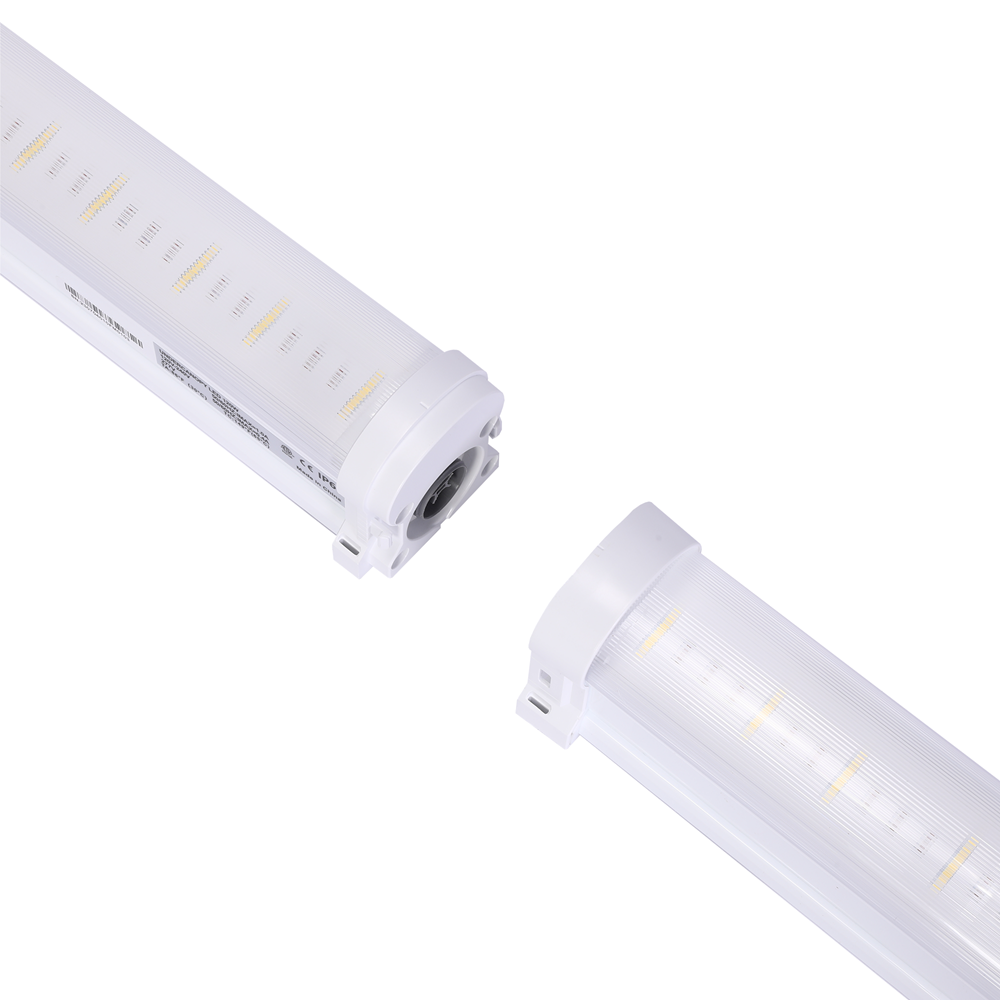 An overhead view of two Faven under canopy LED lights that shows how the ends lock together.