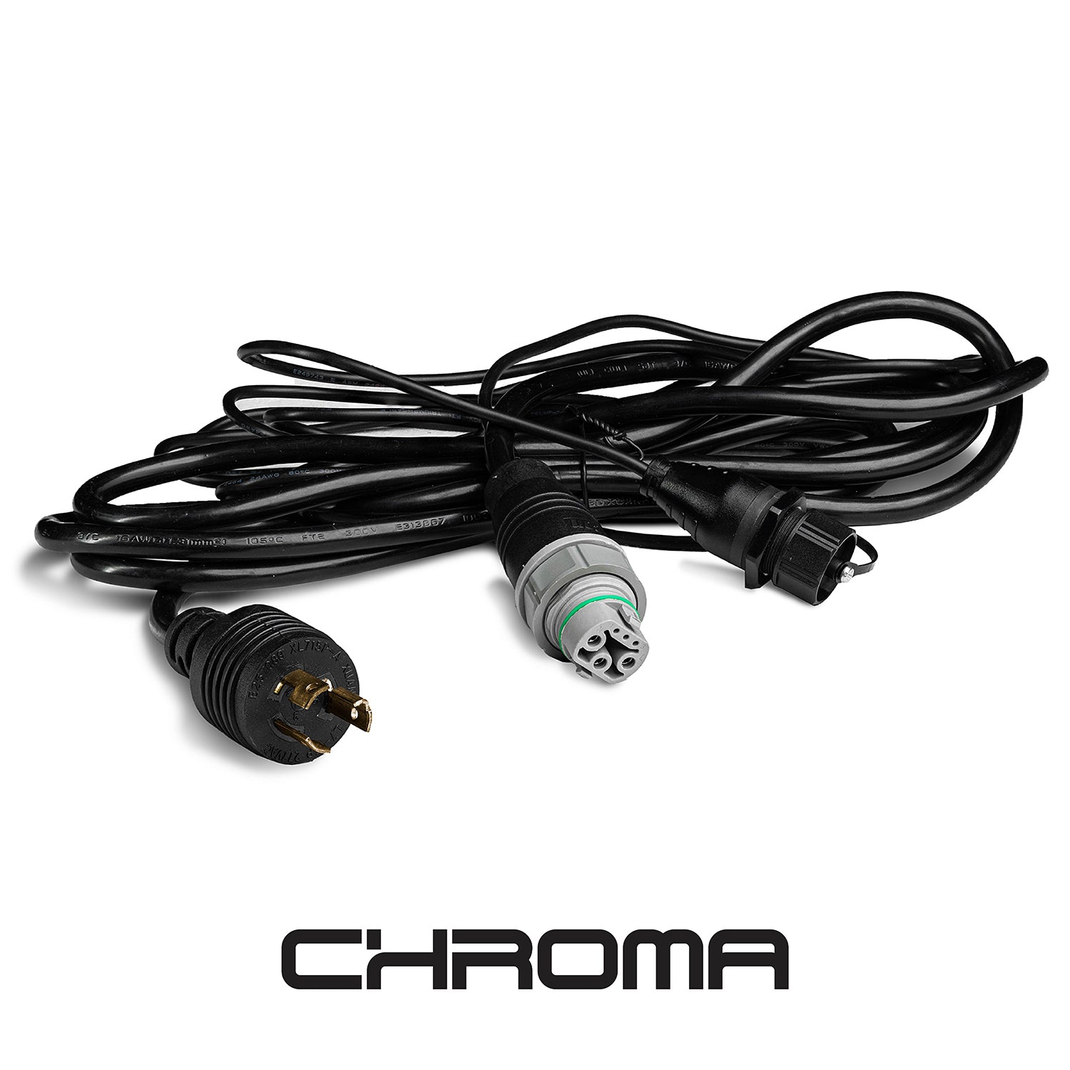 Black cable with connectors on a white background, featuring the Chroma brand.