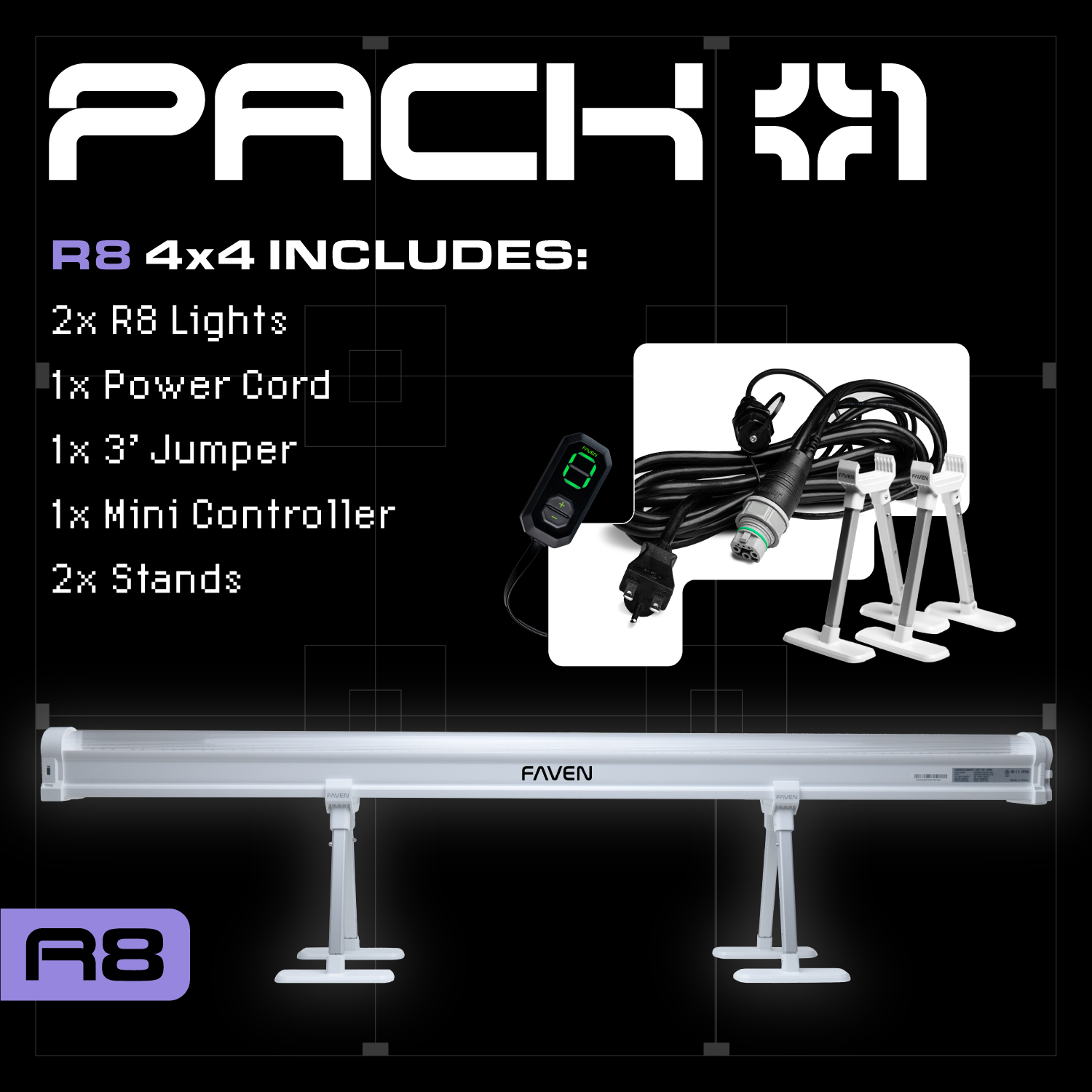 A collage featuring two images of the lights and accessories included in the R8 starter pack and bullet pointed specifications.