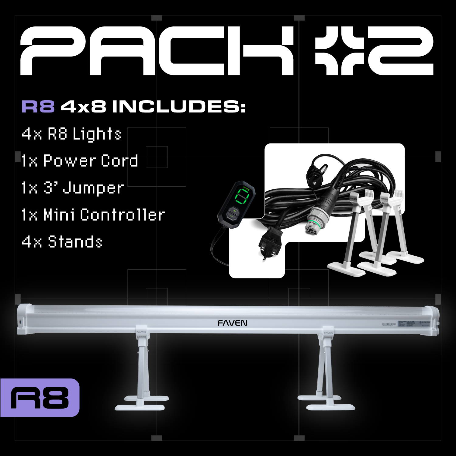 A collage featuring two images of the lights and accessories included in the R8 starter pack and bullet pointed specifications.