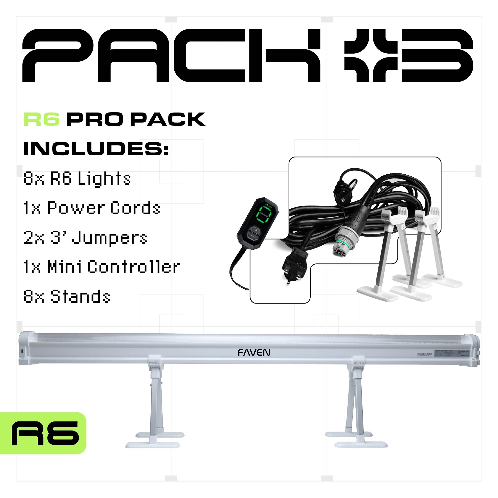 A graphic for the Faven Lighting R6 eight light Starter Pack that features a photo of the lights and a photo of the accessories under the title Pack 8 next to a bullet pointed spec list in front of a white background. 