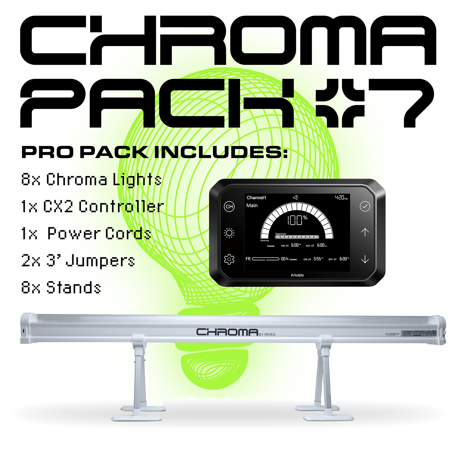 A collage showing two product imags and bulleted text that shows and describes what is included in the Faven Chroma 8 light starter pack.
