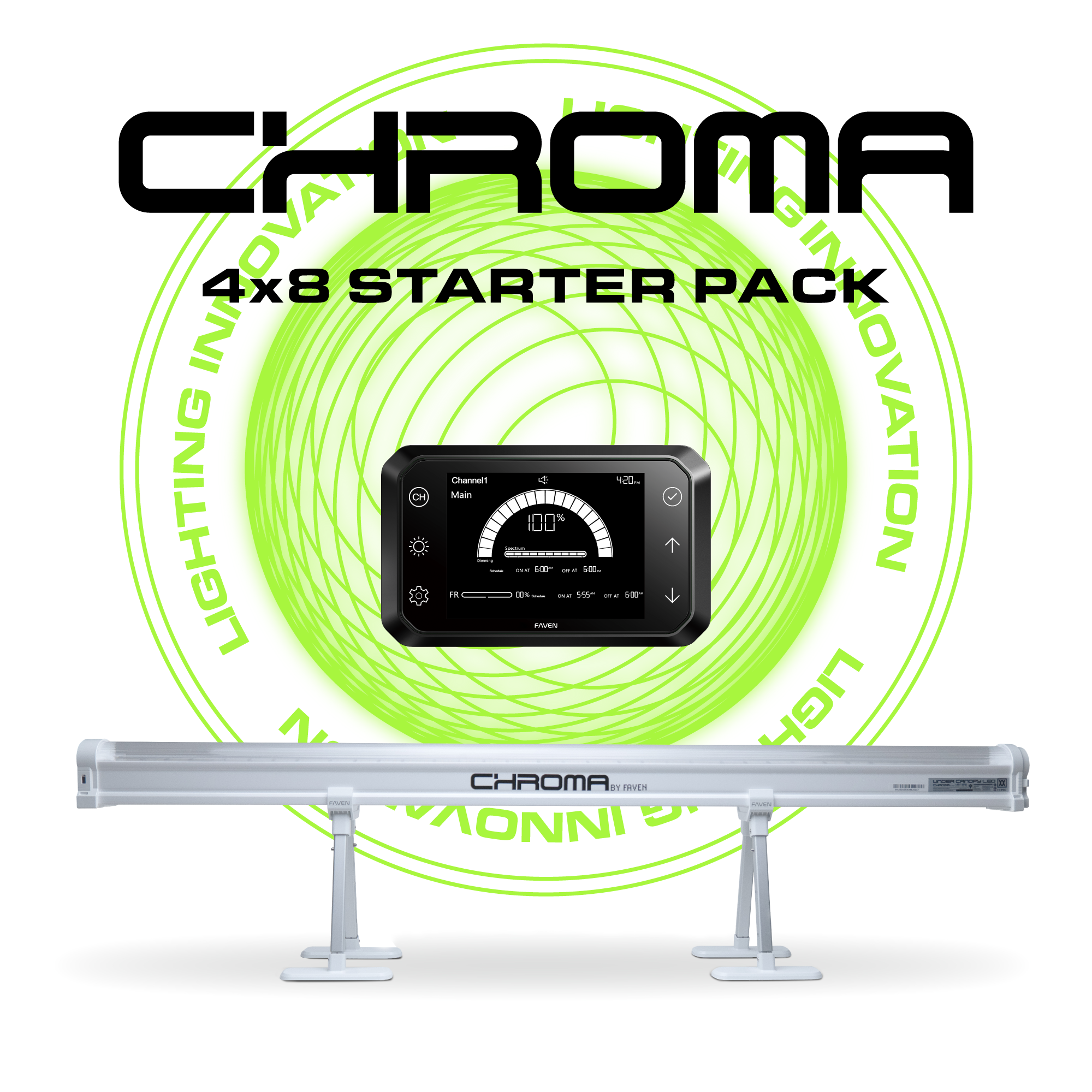 A graphic that shows the Faven Chroma under canopy light with its CX2 controller in front of a company logo with the product title on top.