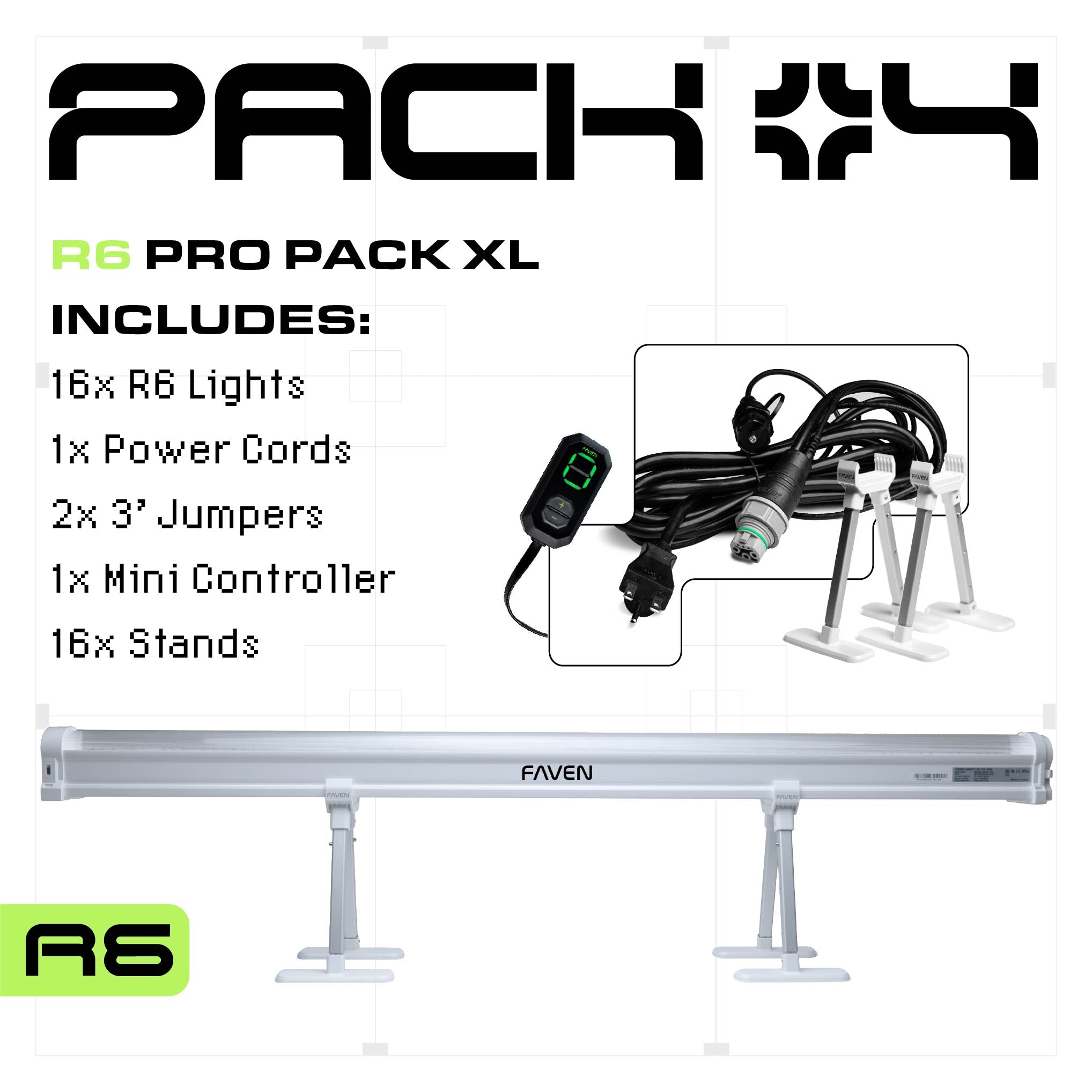 A multi image graphic showing the contents of the Faven Lighting 16 light R6 starter pack.