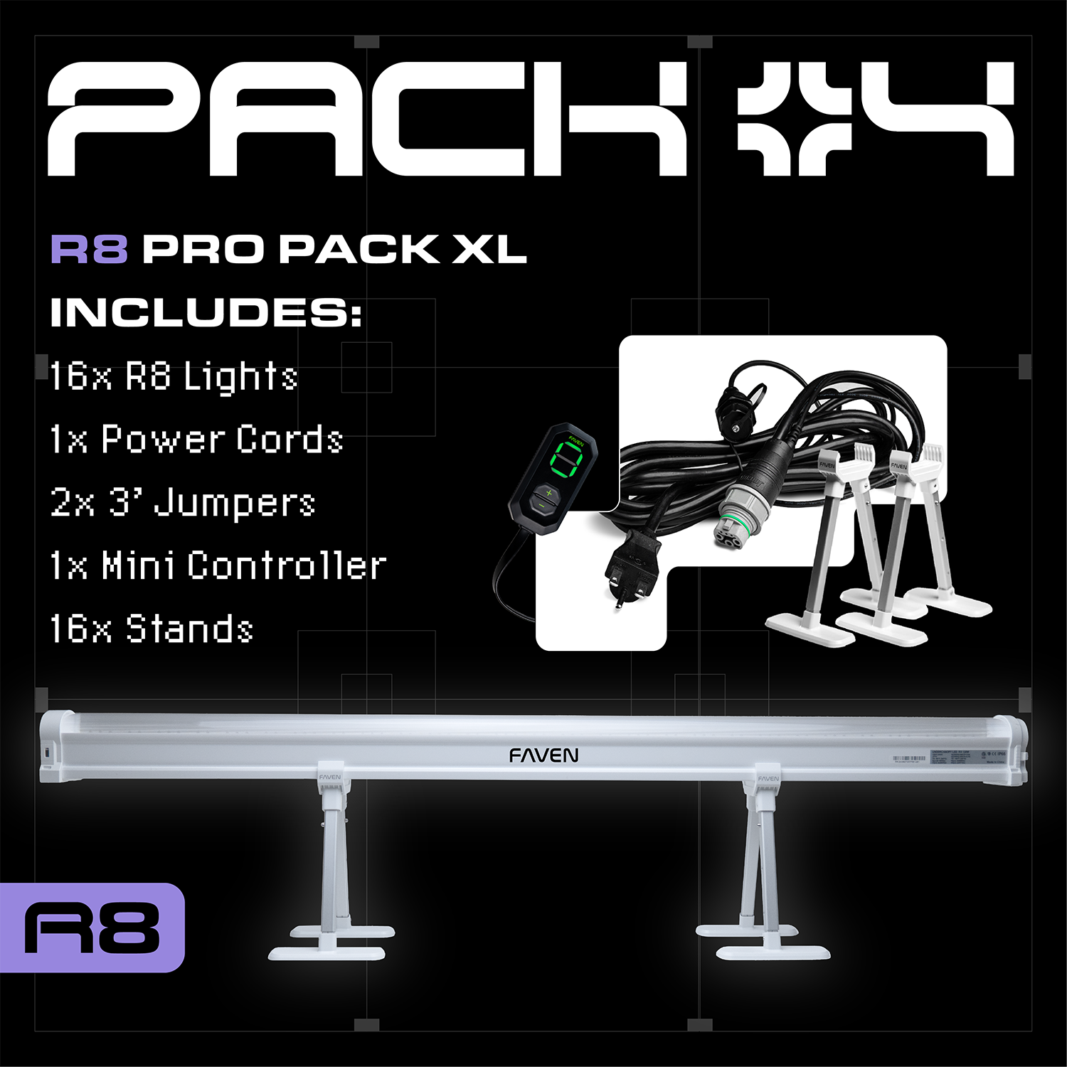 A collage of two images and bullet pointed text showing and describing what is included in the Faven Lighting R8 Pro XL under canopy light starter pack. 