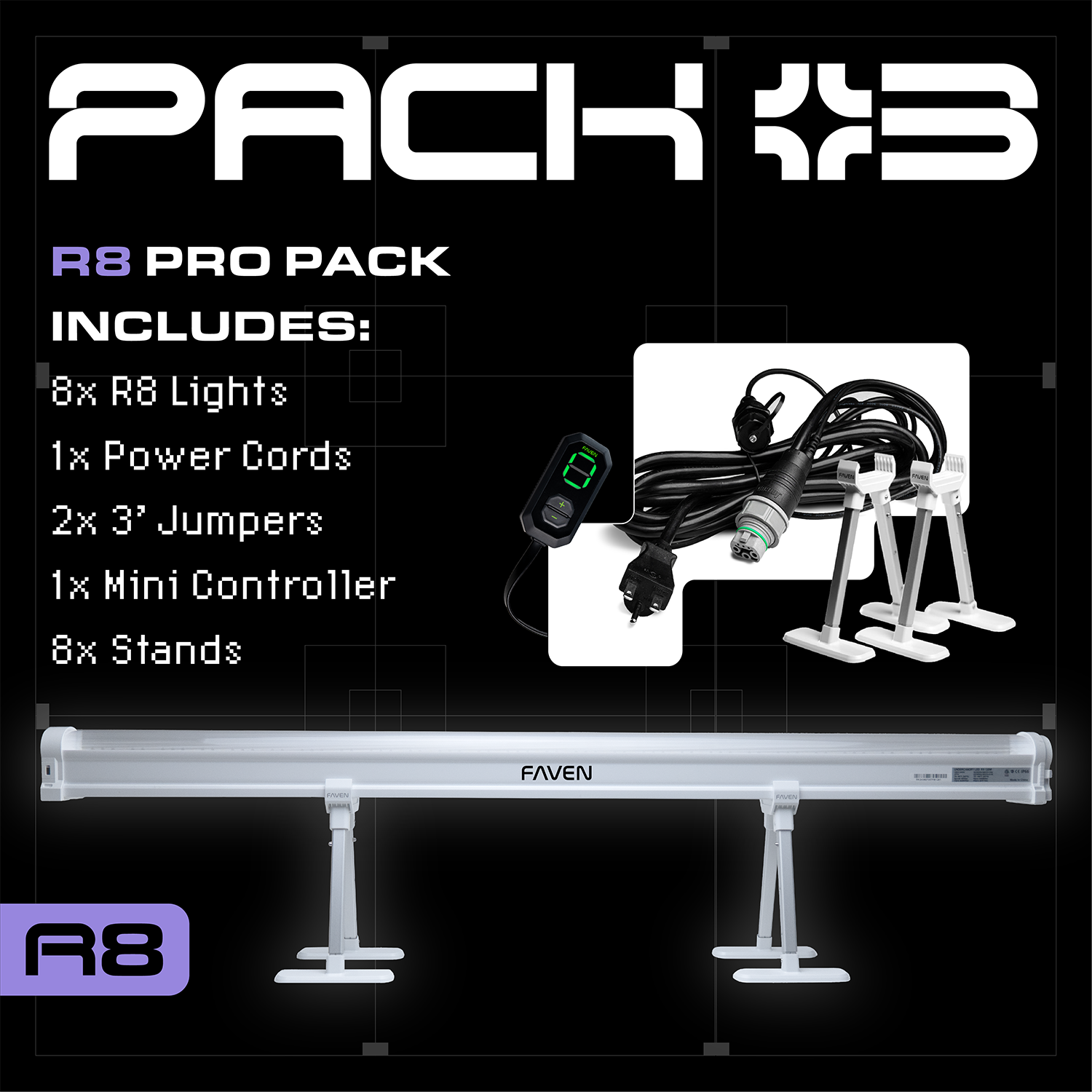 A collage of two images and bullet pointed text showing and describing what is included in the Faven Lighting R8 Pro under canopy light starter pack. 