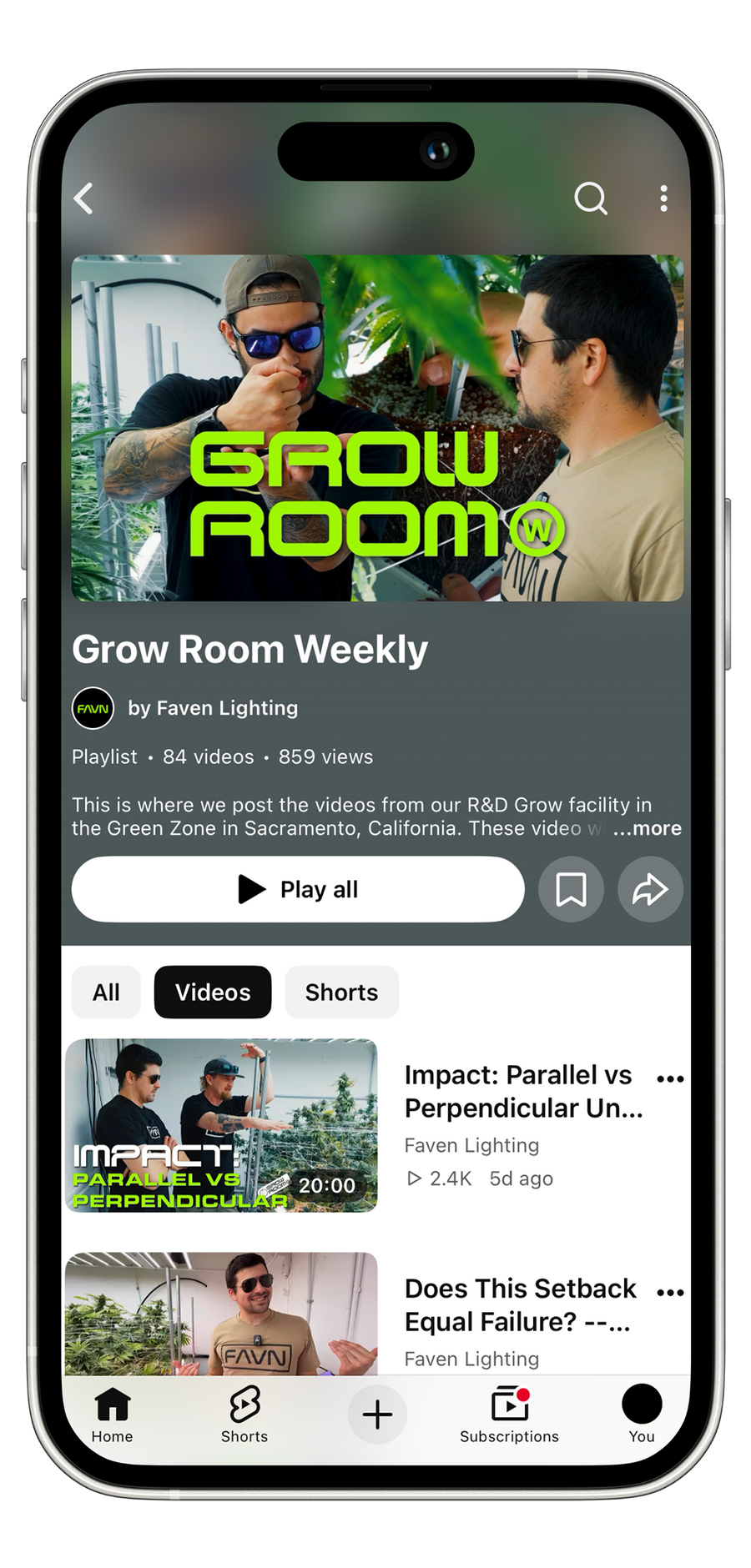 Grow Room Weekly YouTube channel displayed on an iPhone