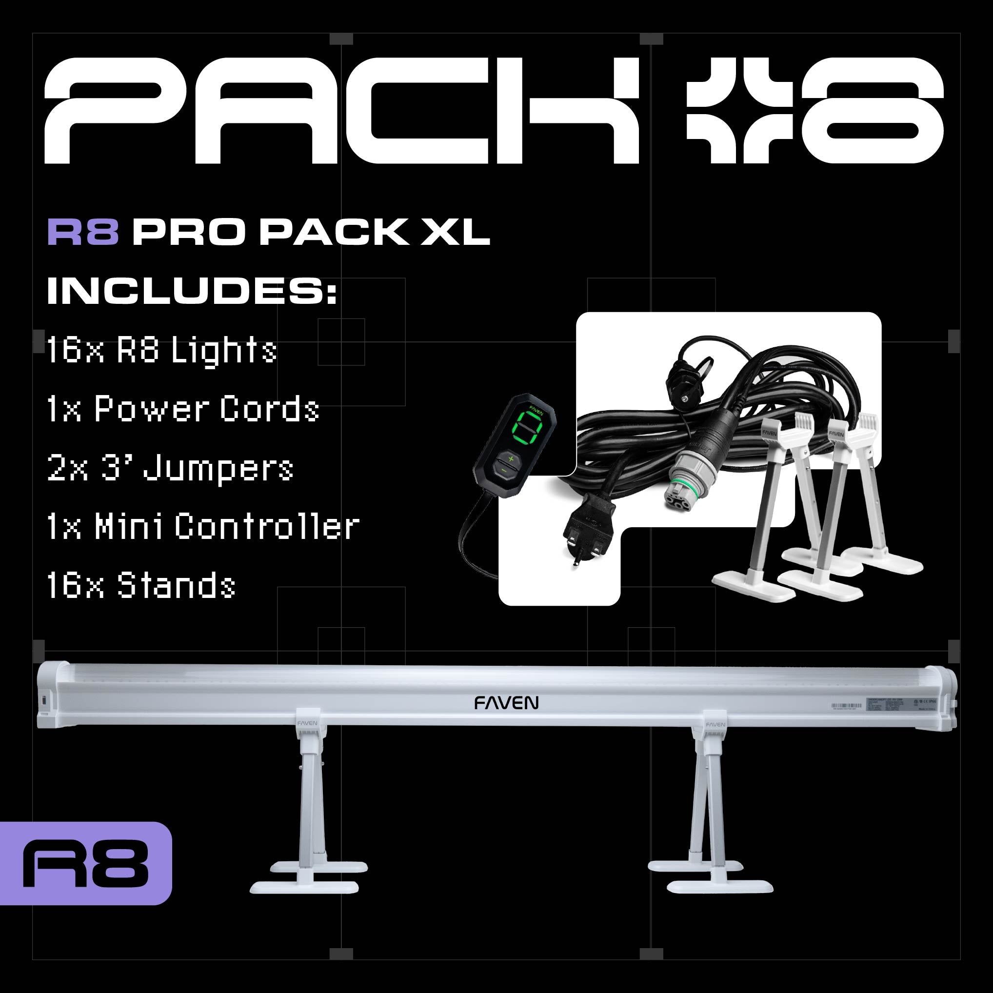 A graphic for the R6 under canopy 16 light kit from Faven Lighting showing a photo of the light includes and the accessories next to a bullet pointed spec list. 