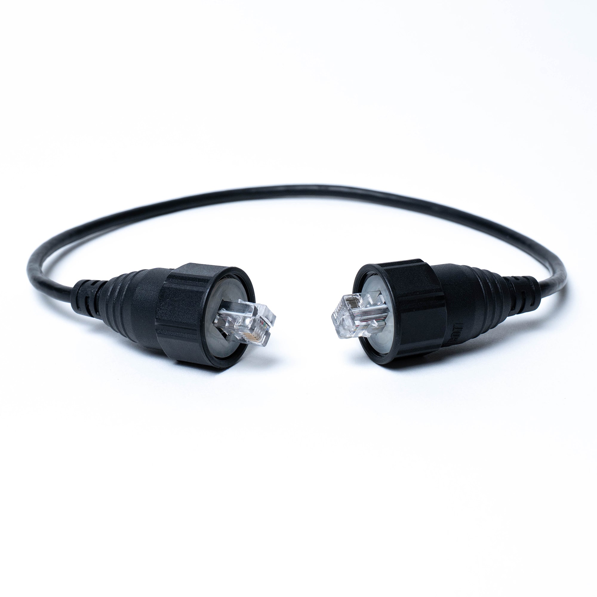 An RJ12 watertight T splitter shown here with the connections facing forward on a white background.