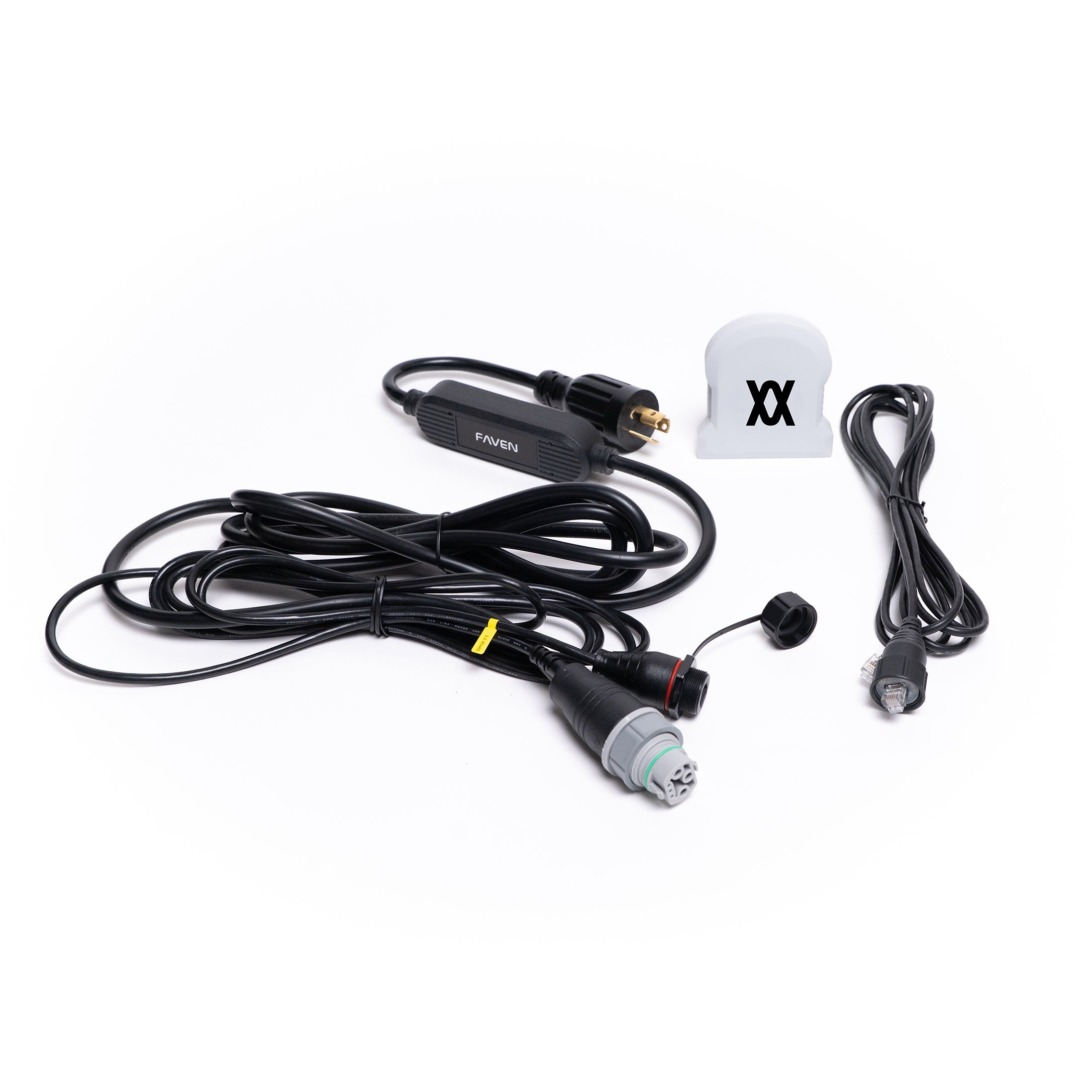 A slightly elevated view of the Faven Lighting R Series Power Cord Bundle for R6 and R8 under canopy lights on a white background.