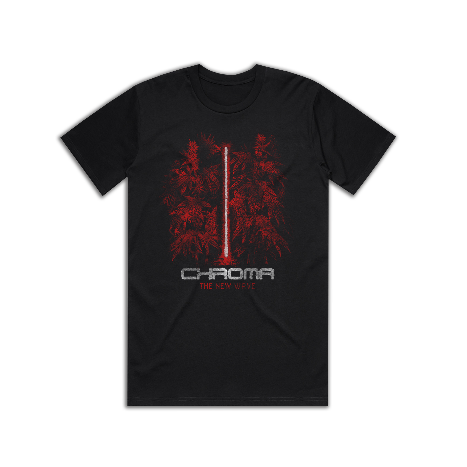 A black t-shirt featuring a graphic of a Faven Chroma under canopy light. 